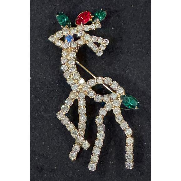 Vintage Rhinestone Reindeer Brooch Pin Gold Tone Christmas Jewelry CP144 - Picture 2 of 3